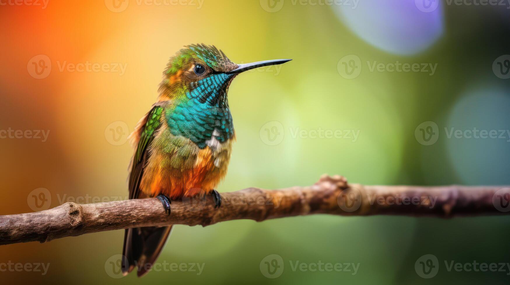 ai generado cerca arriba capturar de colibrí en un rama foto