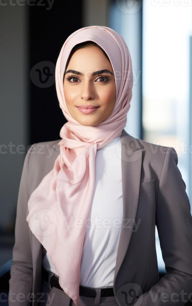 ai generado radiante musulmán mujer de negocios sonriente foto