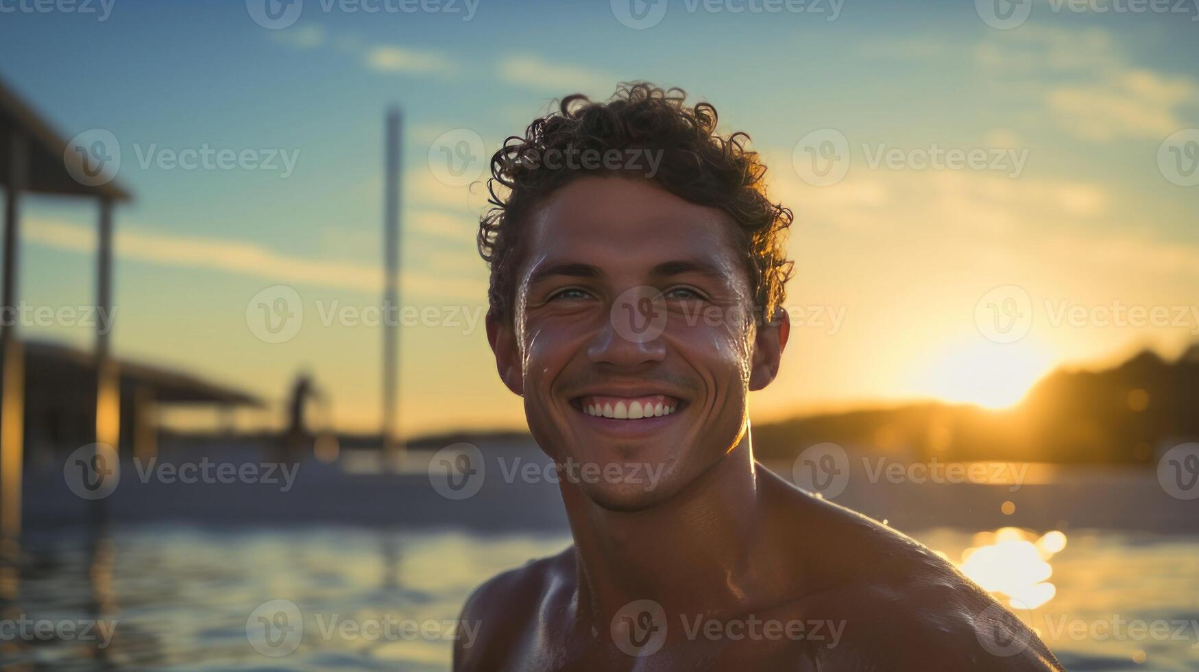 ai generado joven hombre en el piscina instantánea foto