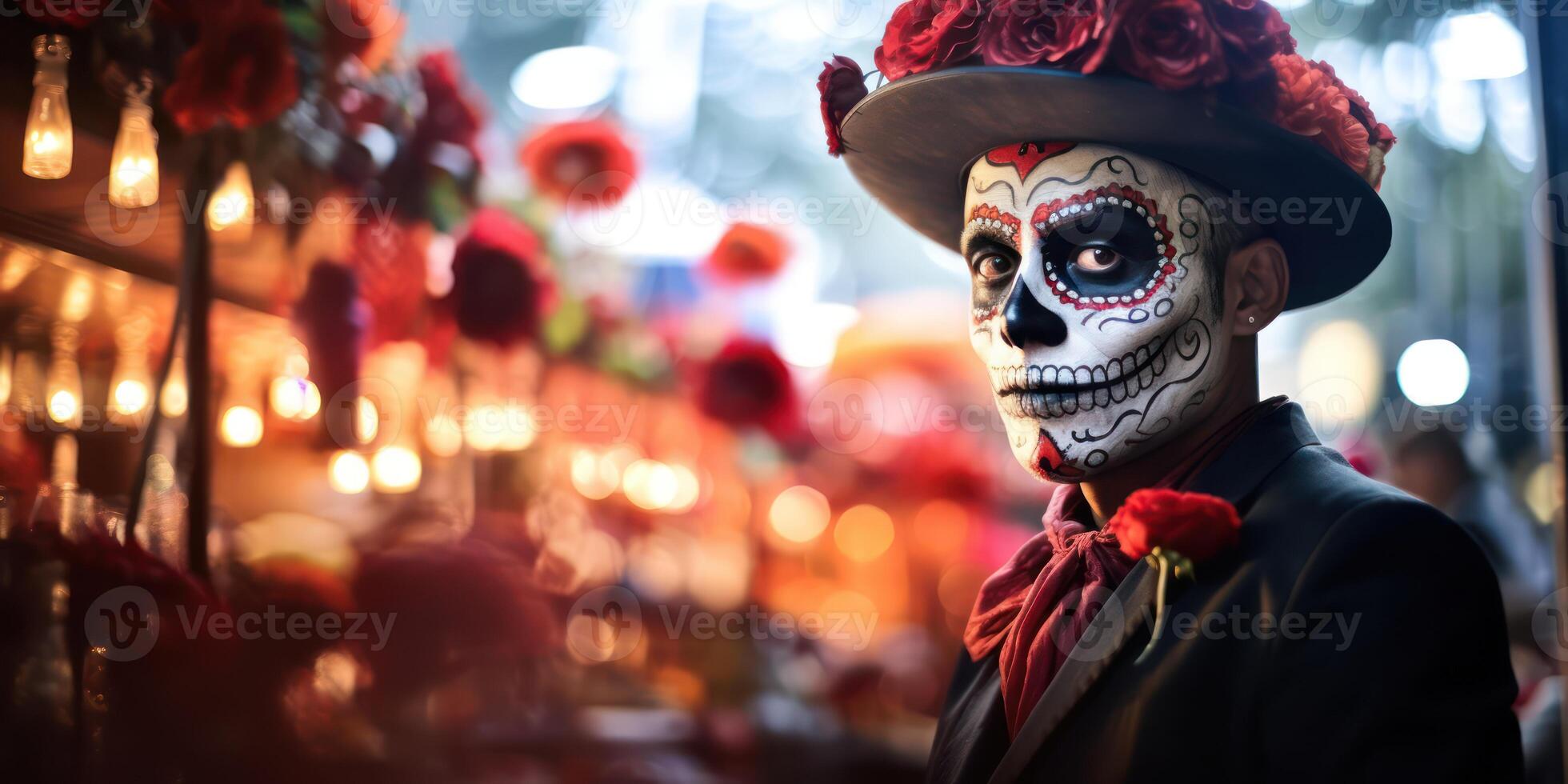 AI generated Charismatic Man in Sugar Skull Makeup, day of the dead concept photo