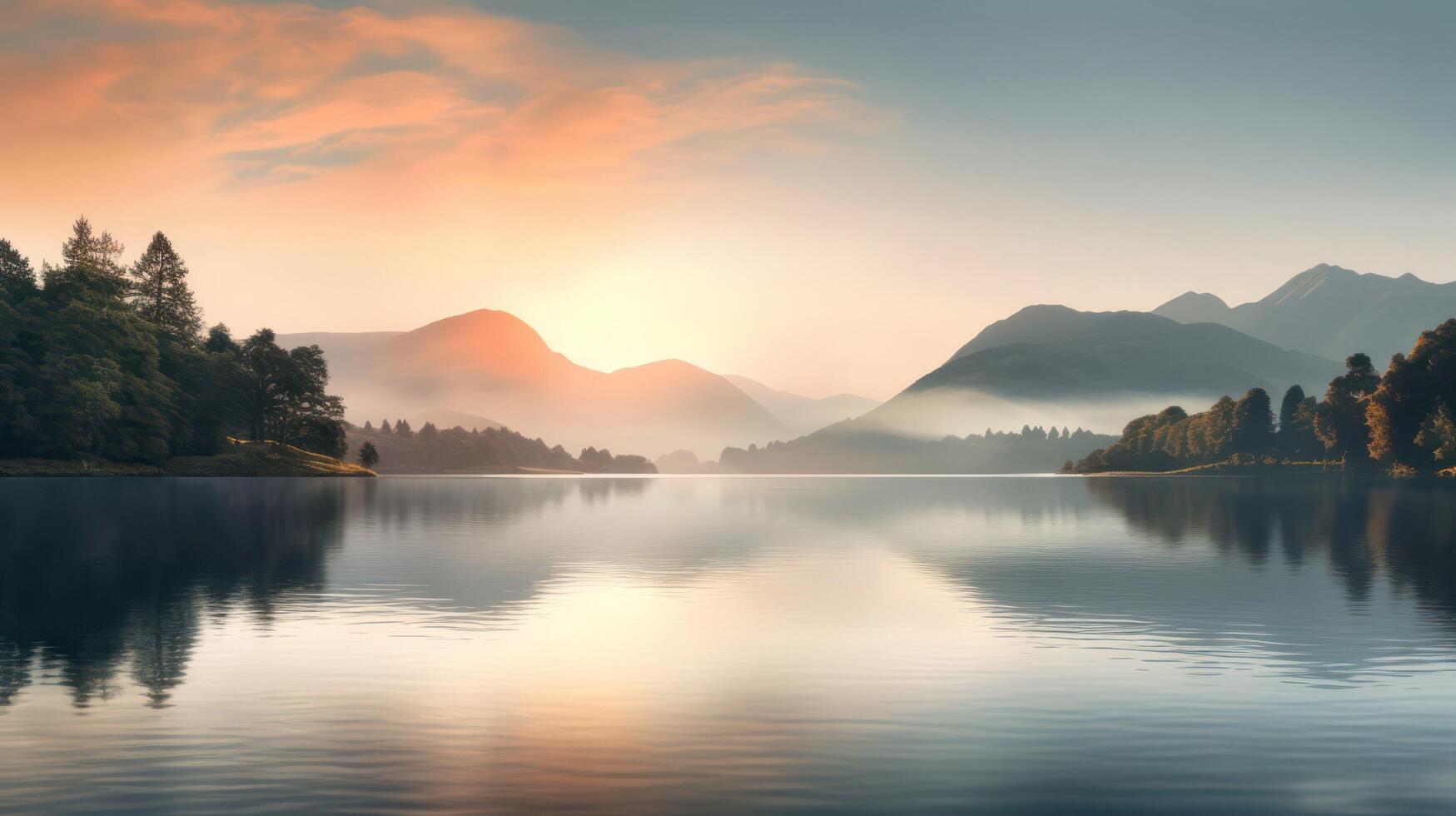 AI generated Tranquil Lakeside View at Dawn with Calm Waters Reflecting the Soft Hues of the Rising Sun and Distant Mountains photo