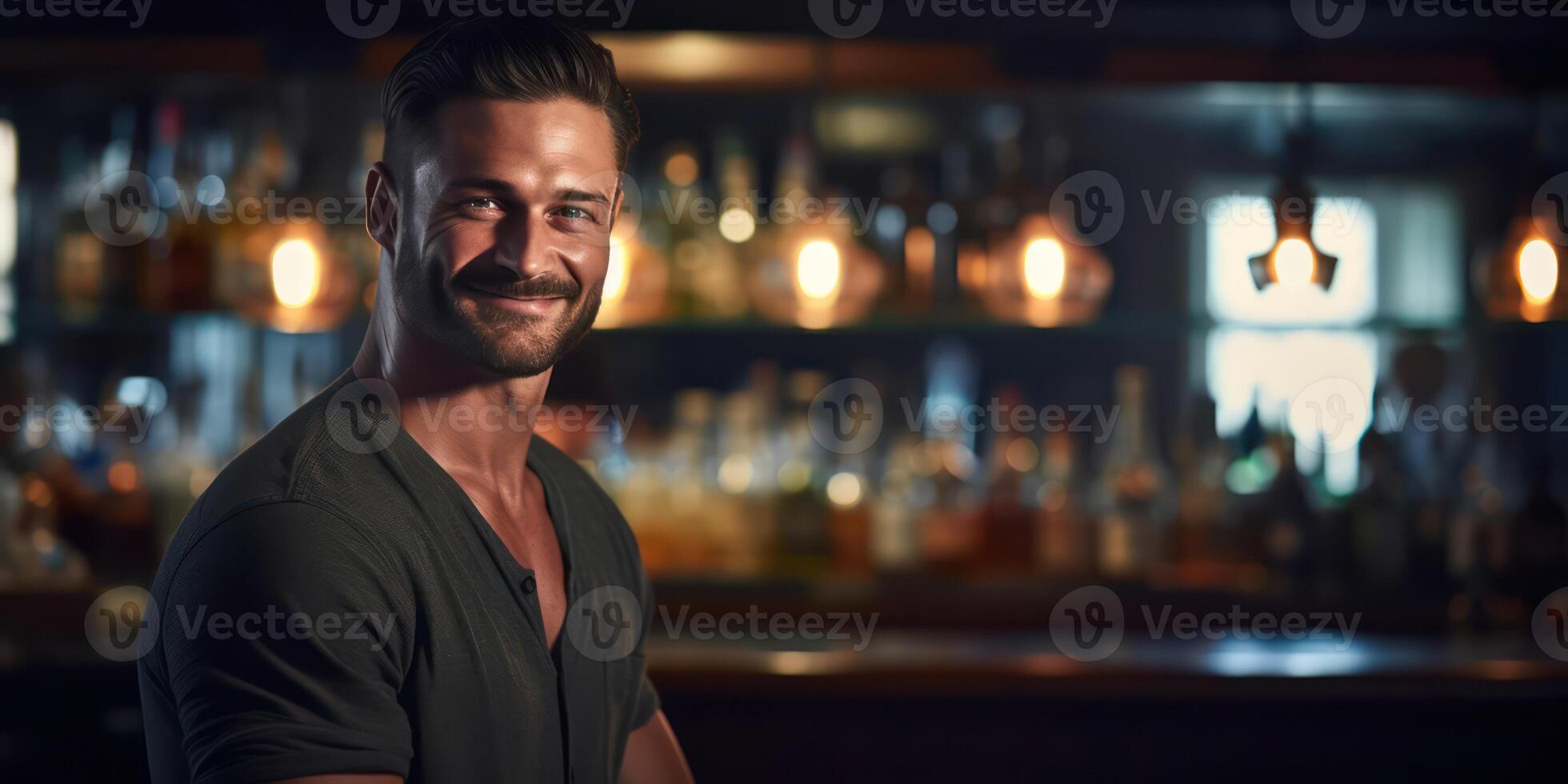 AI generated Ready and confident, male bartenders wear bright smiles photo