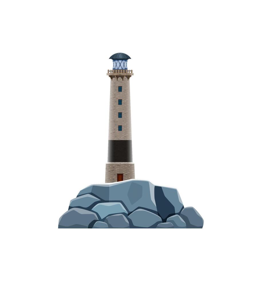 Lighthouse, beacon building on rock, seafarer vector