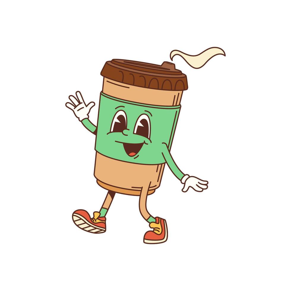 Cartoon groovy coffee cup character, happy face vector