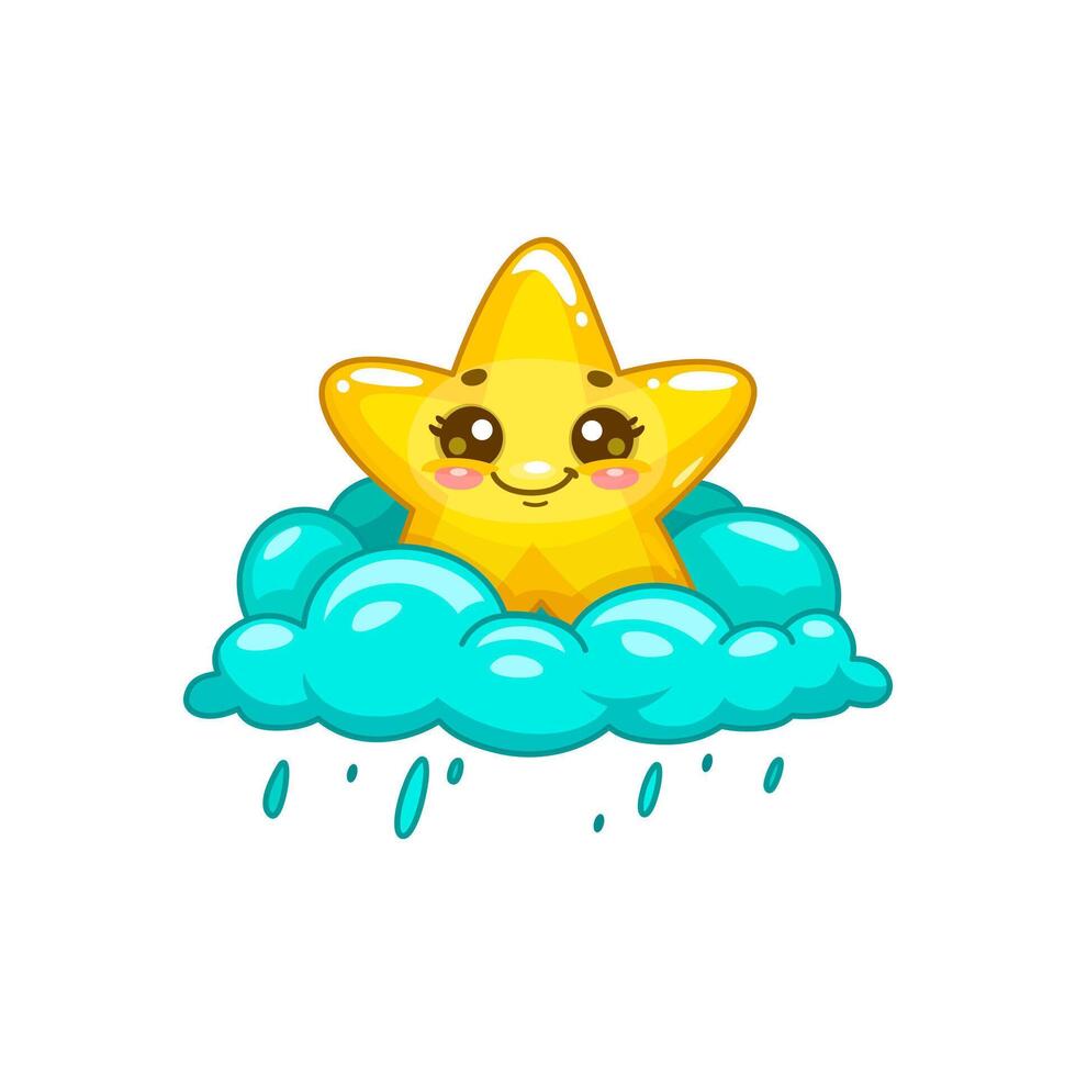 estrella kawaii personaje personaje en nube con lluvia vector