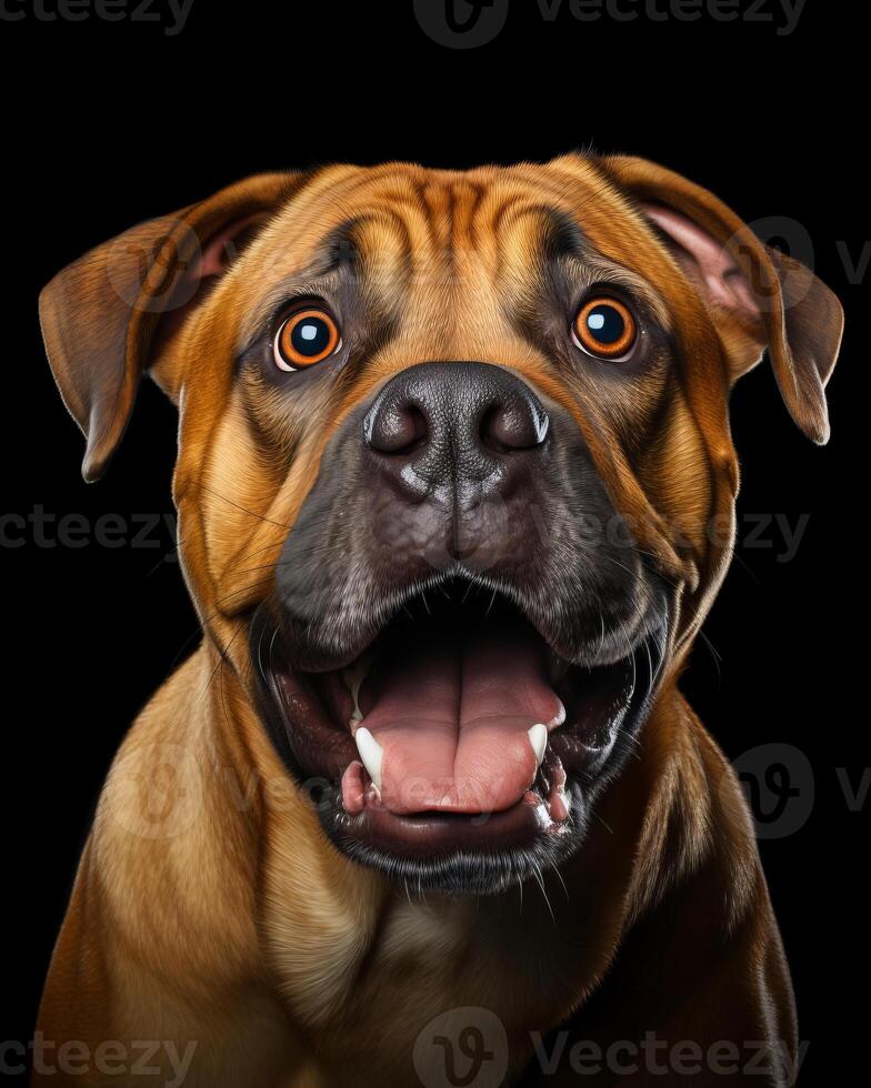 AI generated Close-up image of a cute dog with an astonished and adorable surprised expression photo
