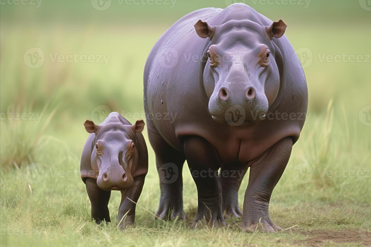 AI Generated Beautiful Hippopotamus Grazing in Vast African Savannah with Scenic Landscape photo