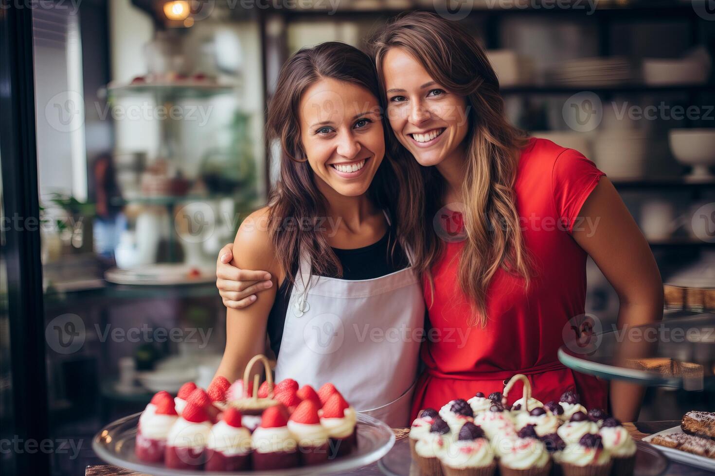 AI generated Friendly Female Workers Smiling and Assisting Patrons at the Neighborhood Bakery photo