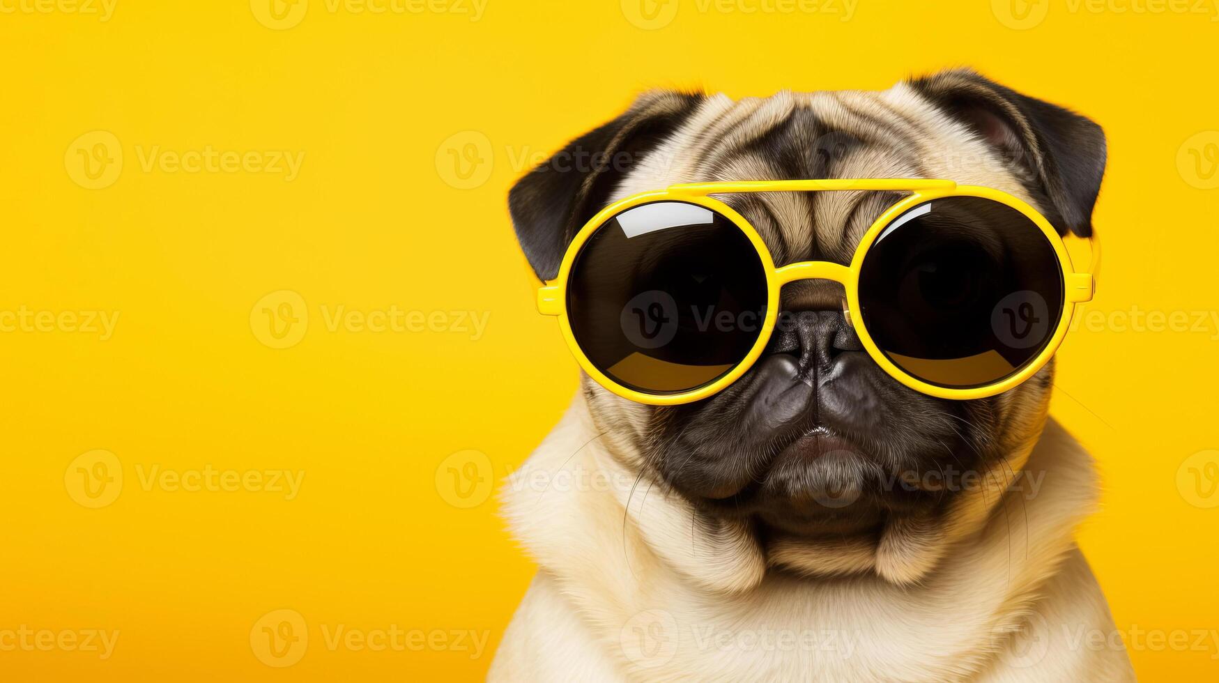 ai generado de cerca retrato de de moda perro en Moda Gafas de sol en vibrante amarillo antecedentes con Copiar espacio foto