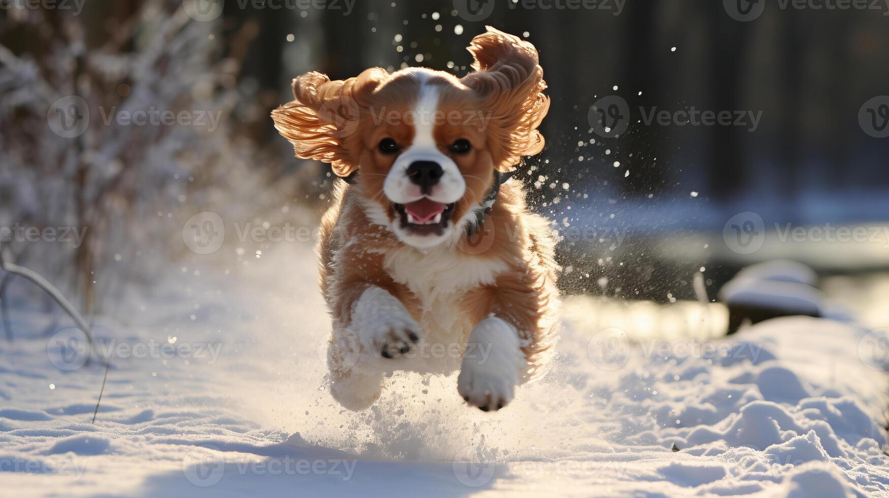AI generated Adorable cavalier charles king spaniel puppy playing joyfully in the glistening snowfall photo