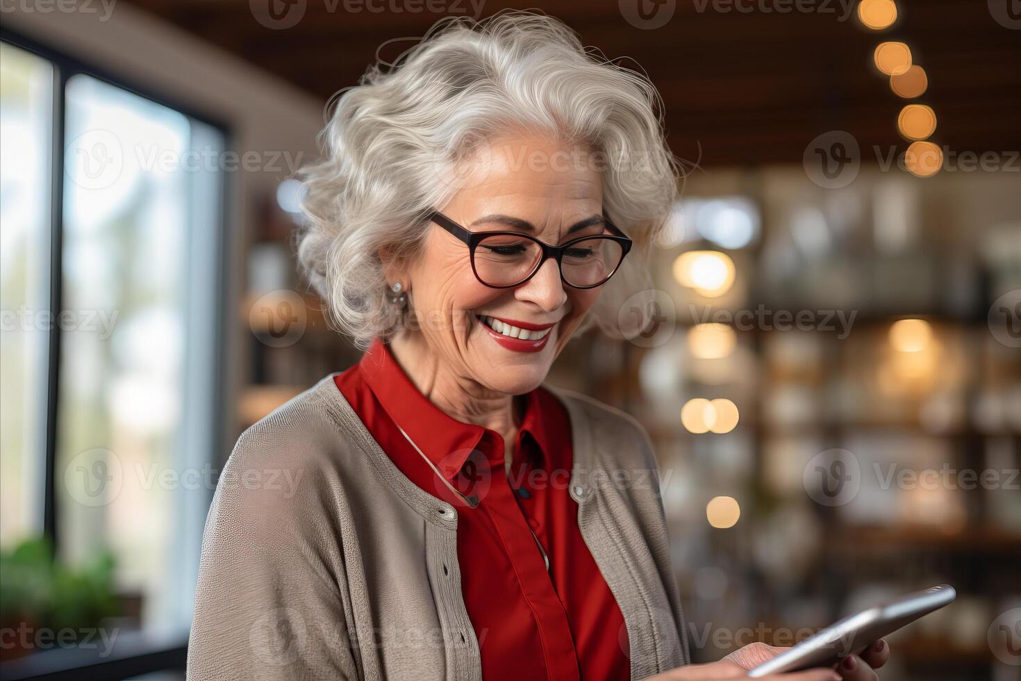 AI generated Happy Mature 70s Woman, Elderly Lady Using Mobile App to Text Message on Couch at Home photo