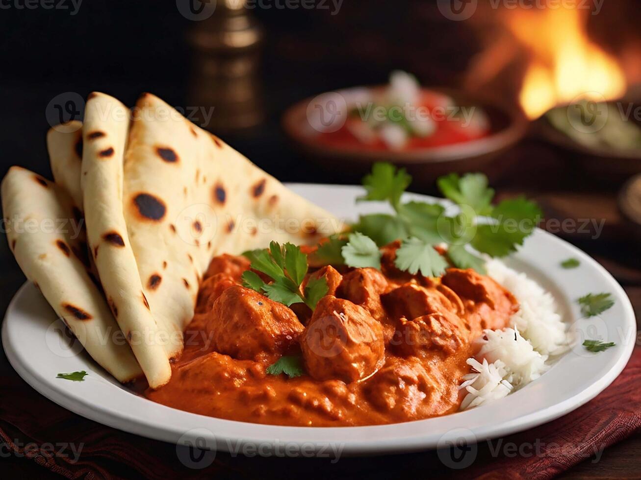 AI generated Chicken Tikka Masala served with naan . generative ai photo