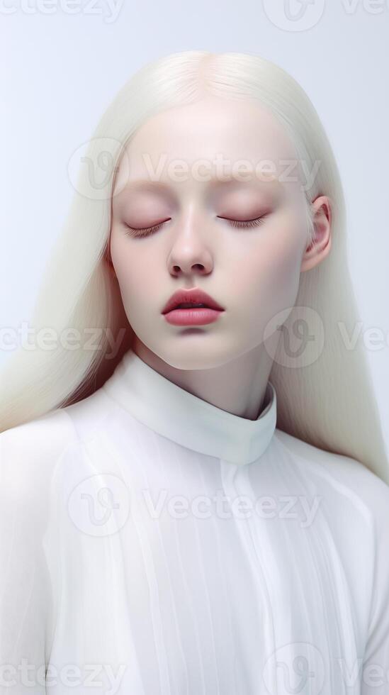 AI generated portrait of albino female model in studio with eyes closed photo