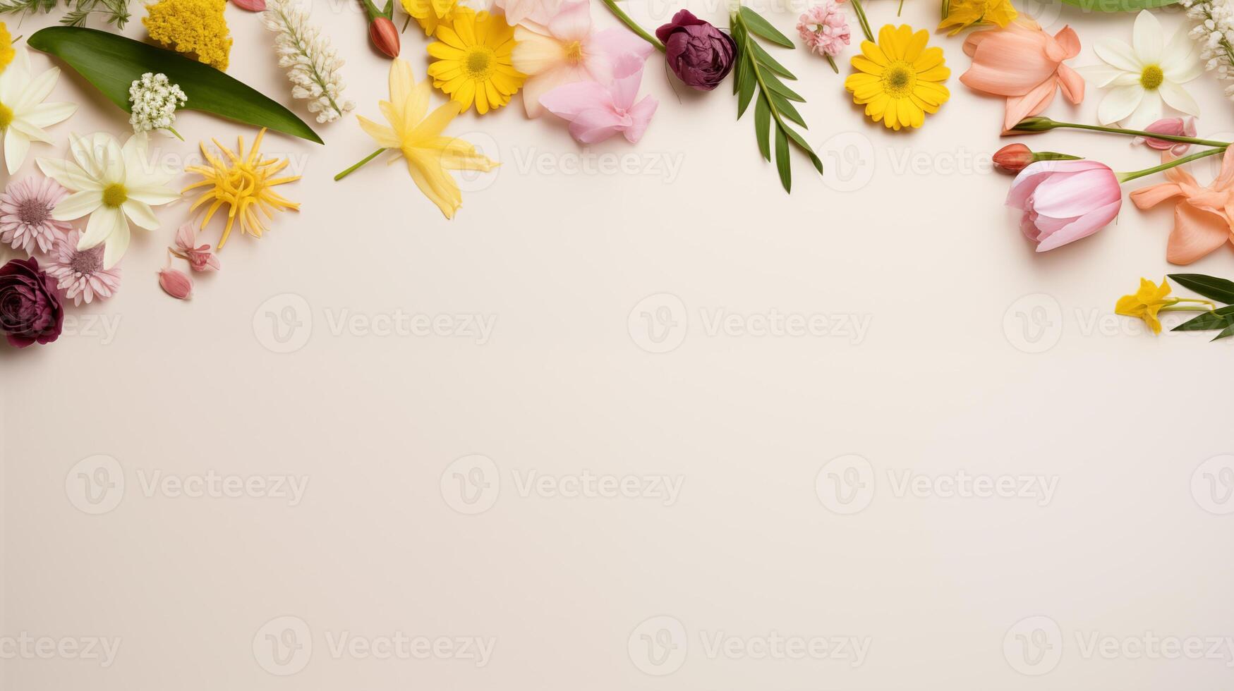 AI generated assortment of spring flowers on pale background photo
