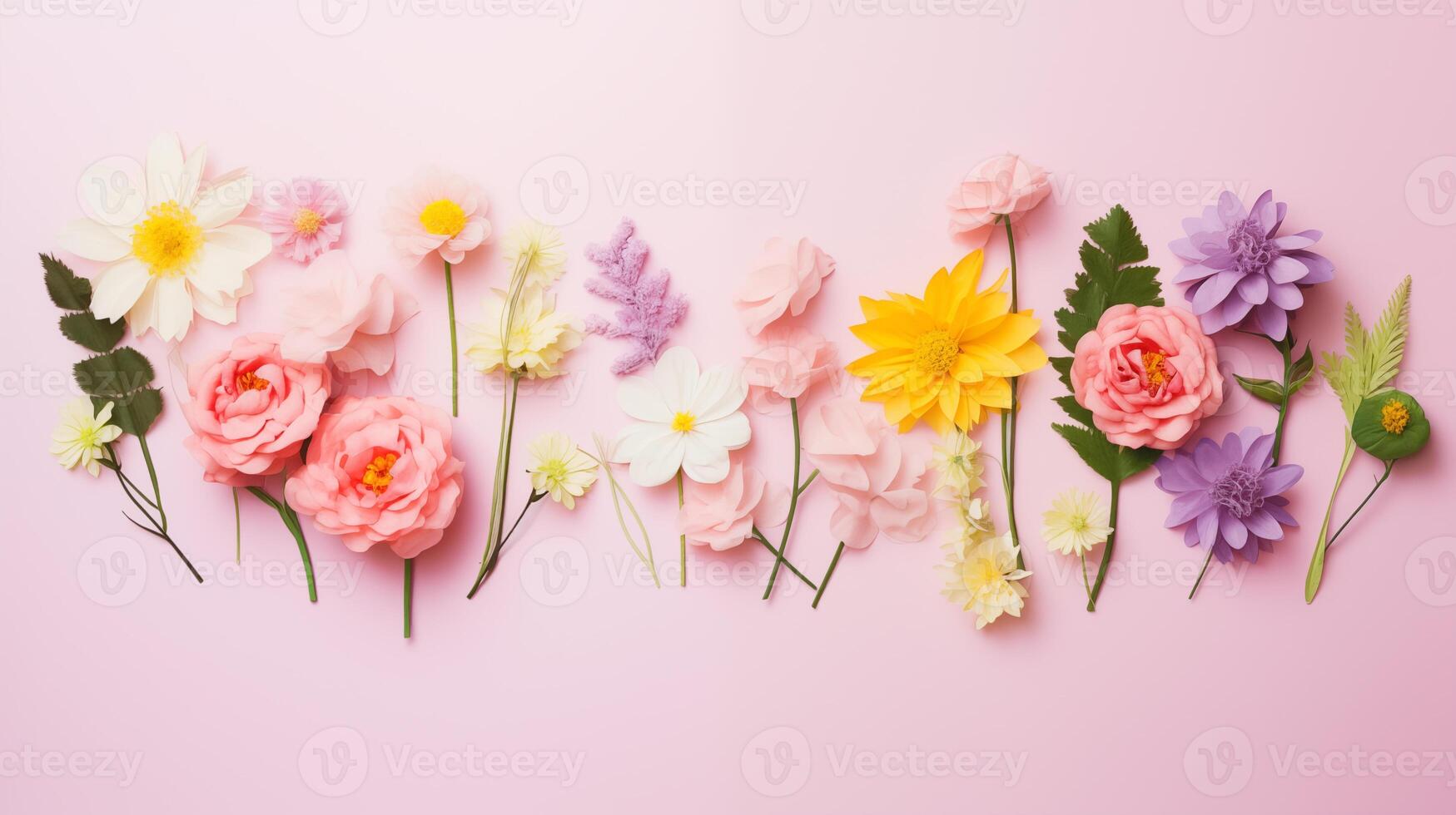 AI generated assortment of spring flowers on pale pink background photo