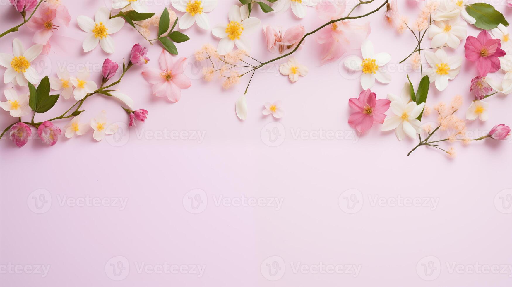 AI generated assortment of spring flowers on pale pink background photo