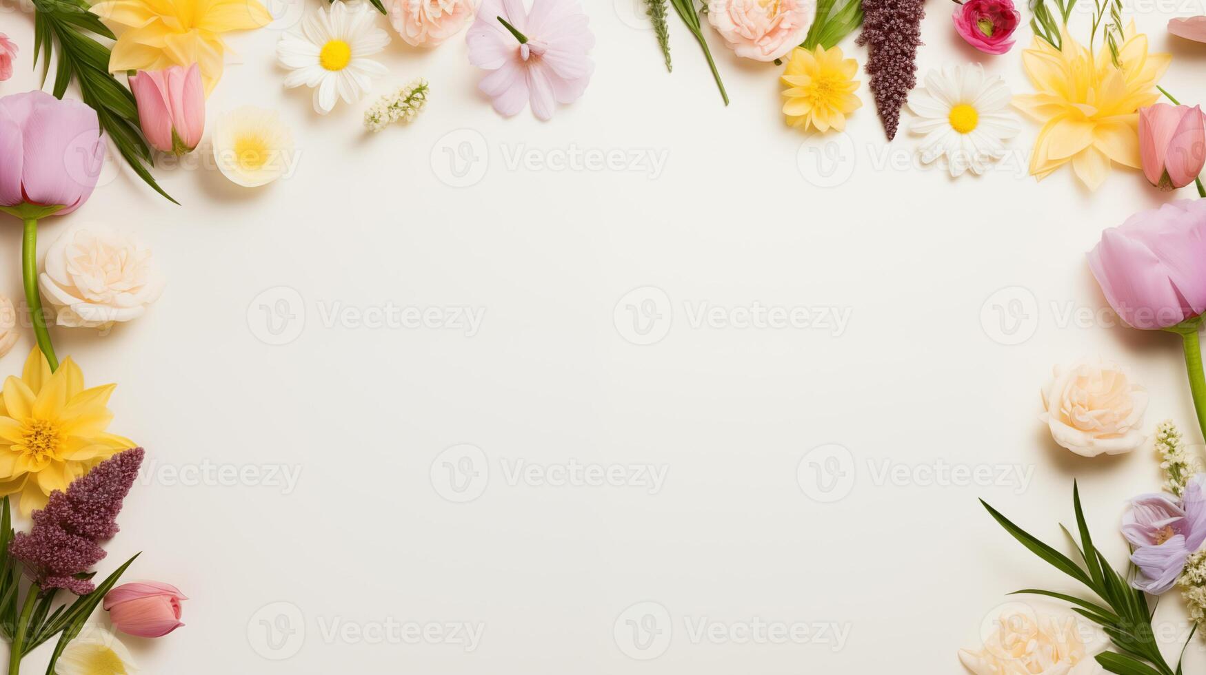 AI generated assortment of spring flowers on pale background photo