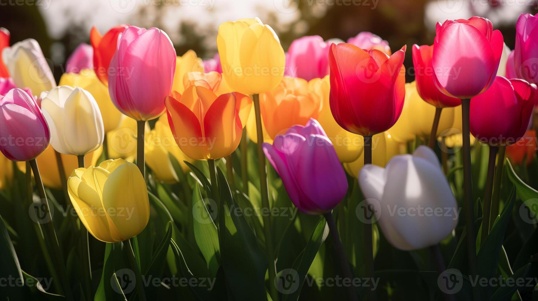 AI generated spring tulips in the field close up photo