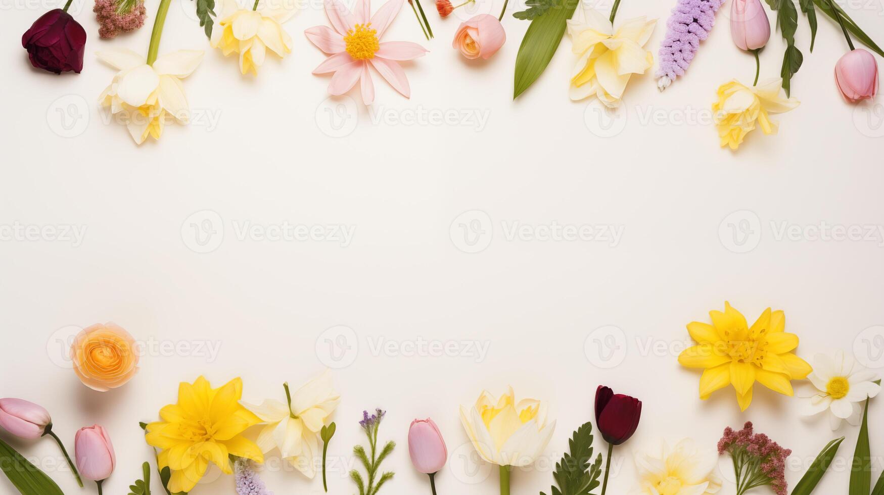 AI generated assortment of spring flowers on pale background photo