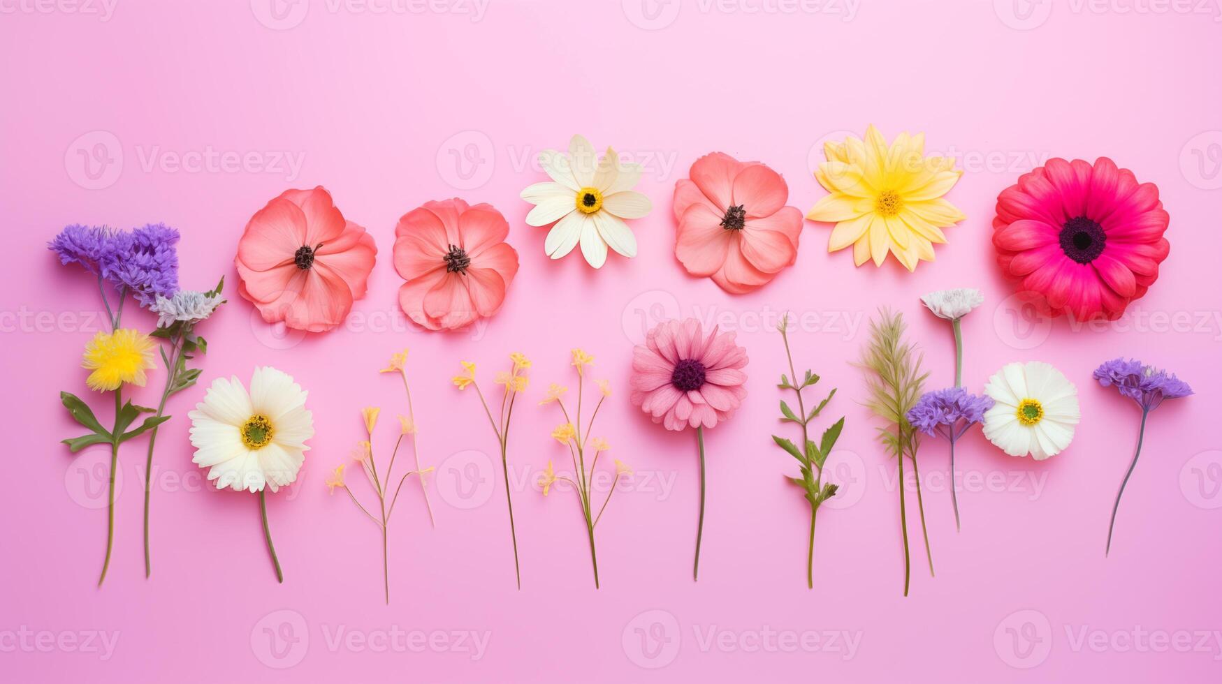 AI generated assortment of spring flowers on pale pink background photo