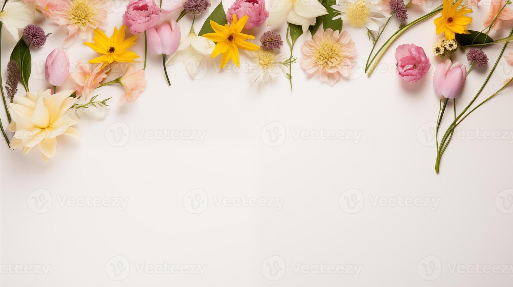 AI generated assortment of spring flowers on pale background photo