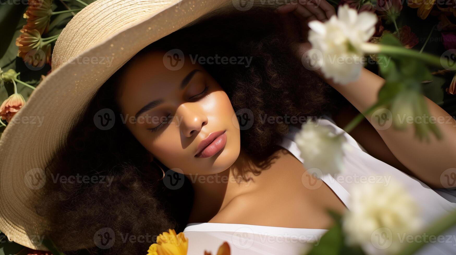 AI generated close up portrait of African American woman lying in a field in the sun she is wearing a spring hat photo