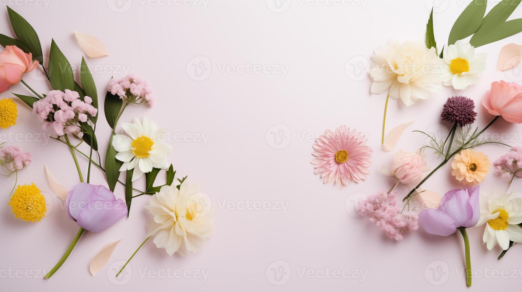 AI generated assortment of spring flowers on pale pink background photo