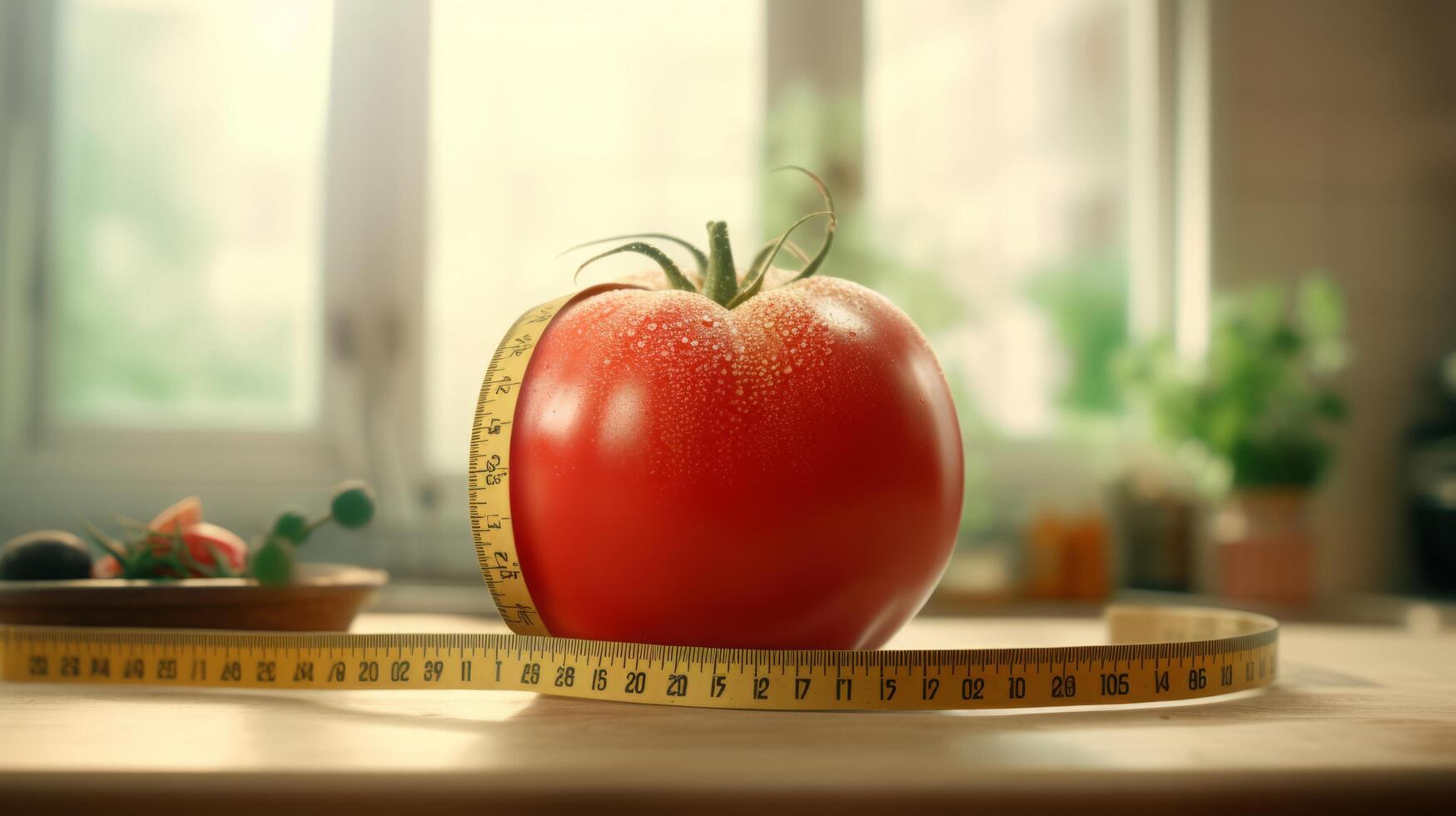 ai generado rojo tomate envuelto con medición cinta foto