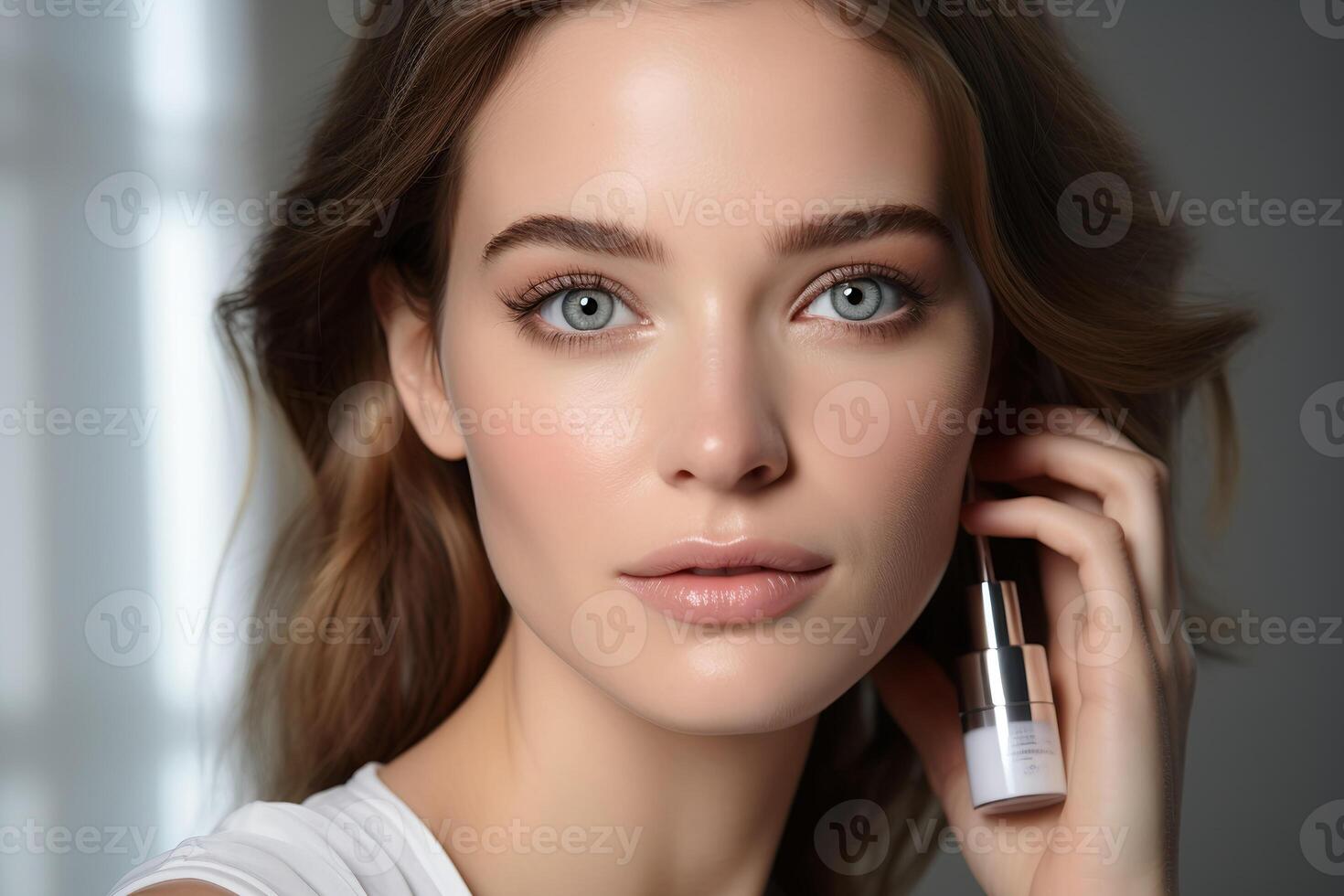 AI generated close up portrait of woman holding skincare product photo