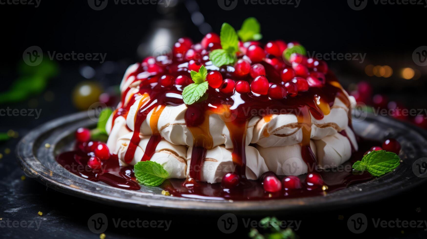 AI generated Pavlova Cake with Redcurrants and Mint photo