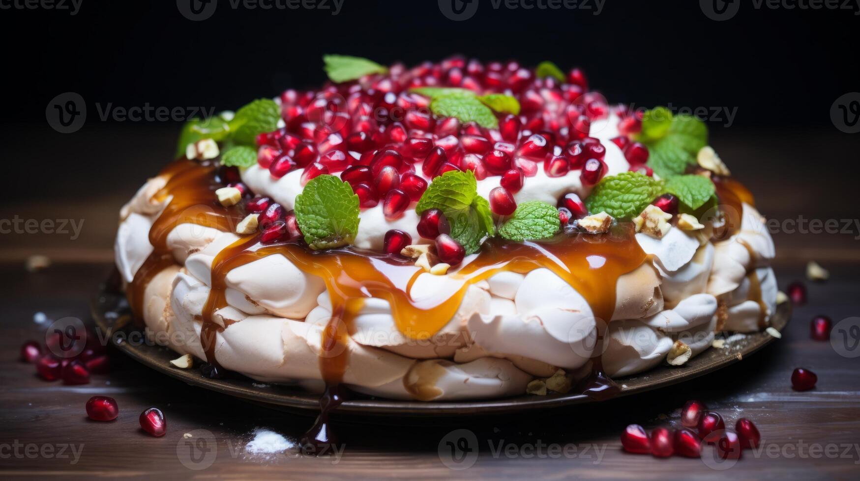 AI generated Pavlova Cake with Redcurrants and Mint photo