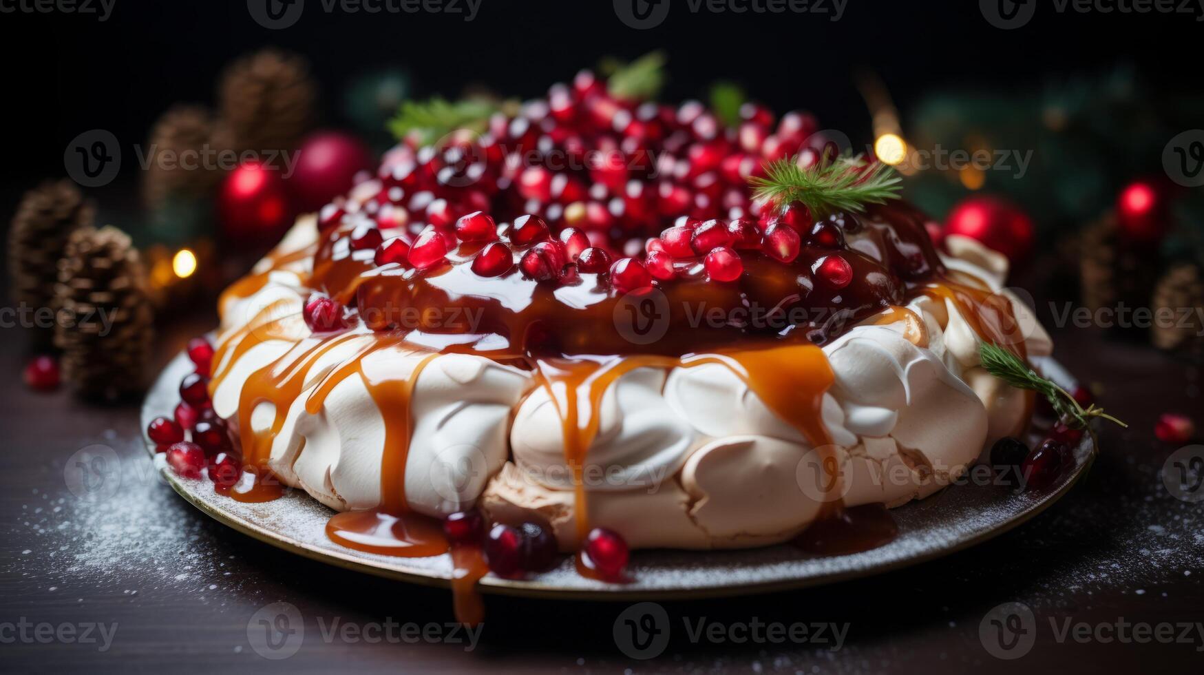 AI generated Pavlova Cake with Redcurrants and Mint photo