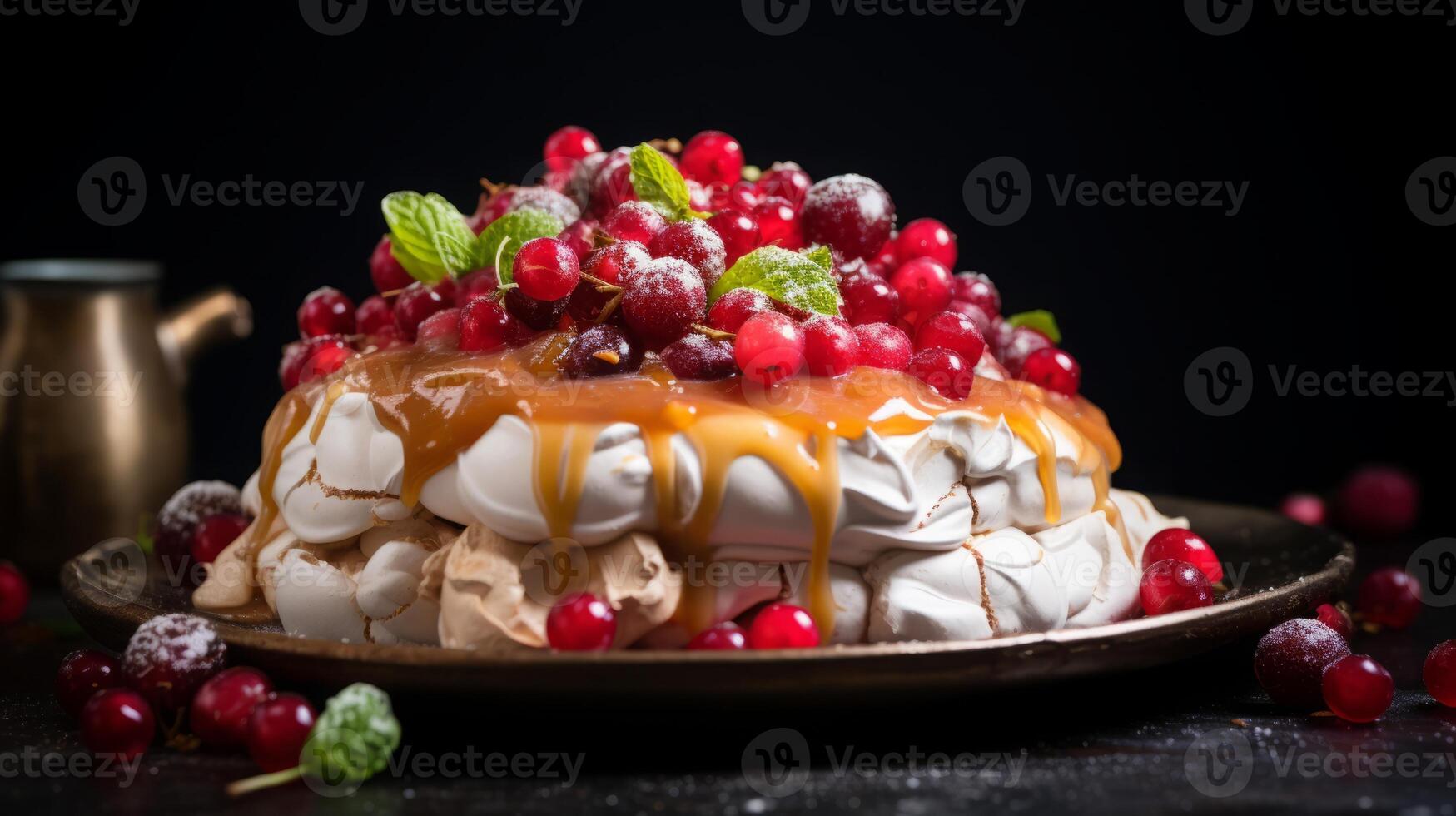 AI generated Pavlova Cake with Redcurrants and Mint photo