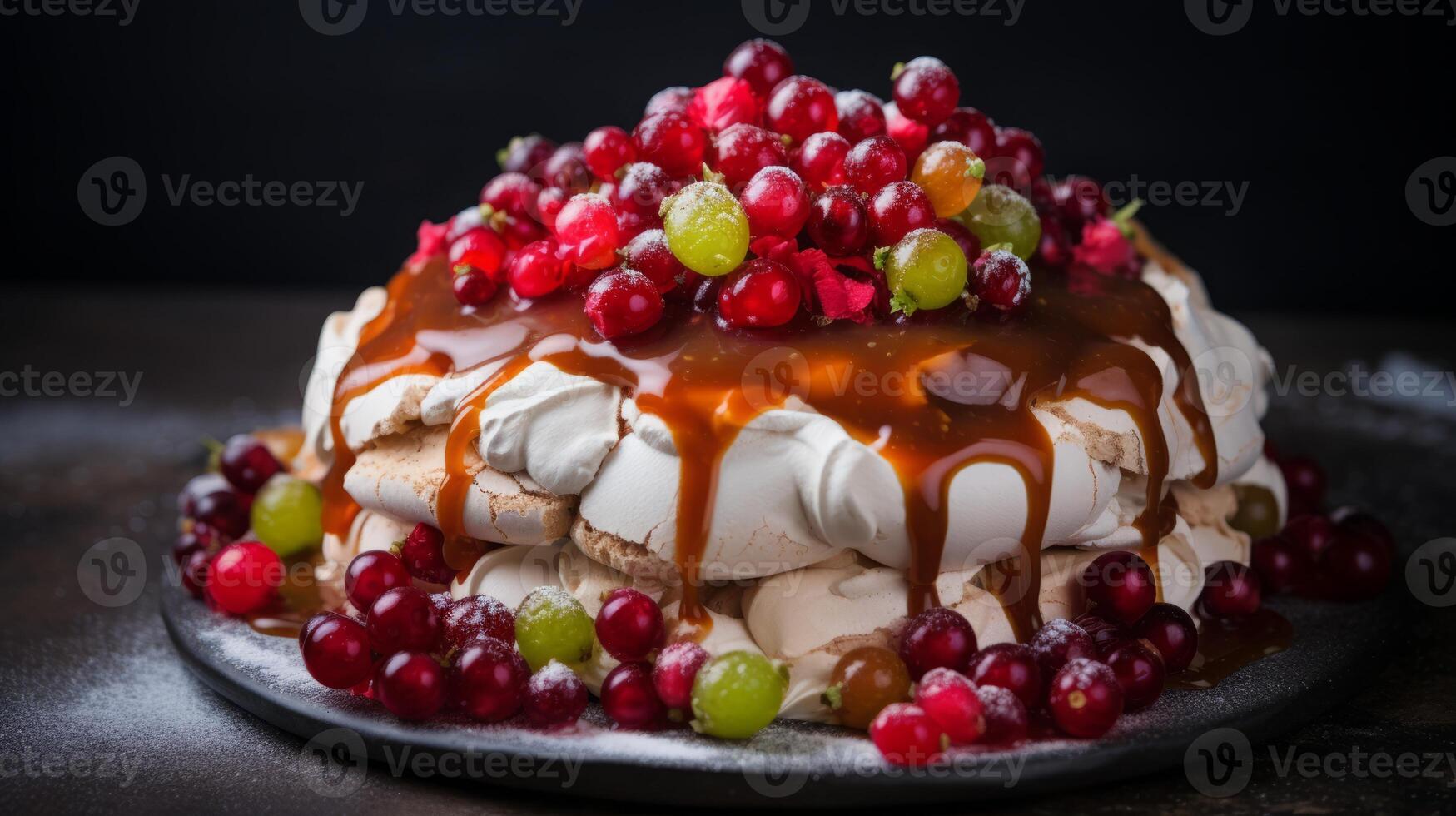 AI generated Pavlova Cake with Redcurrants and Mint photo
