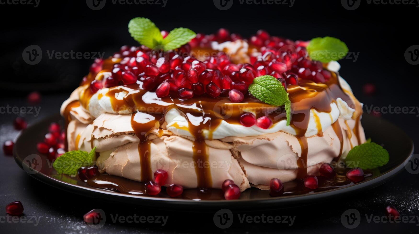 AI generated Pavlova Cake with Redcurrants and Mint photo