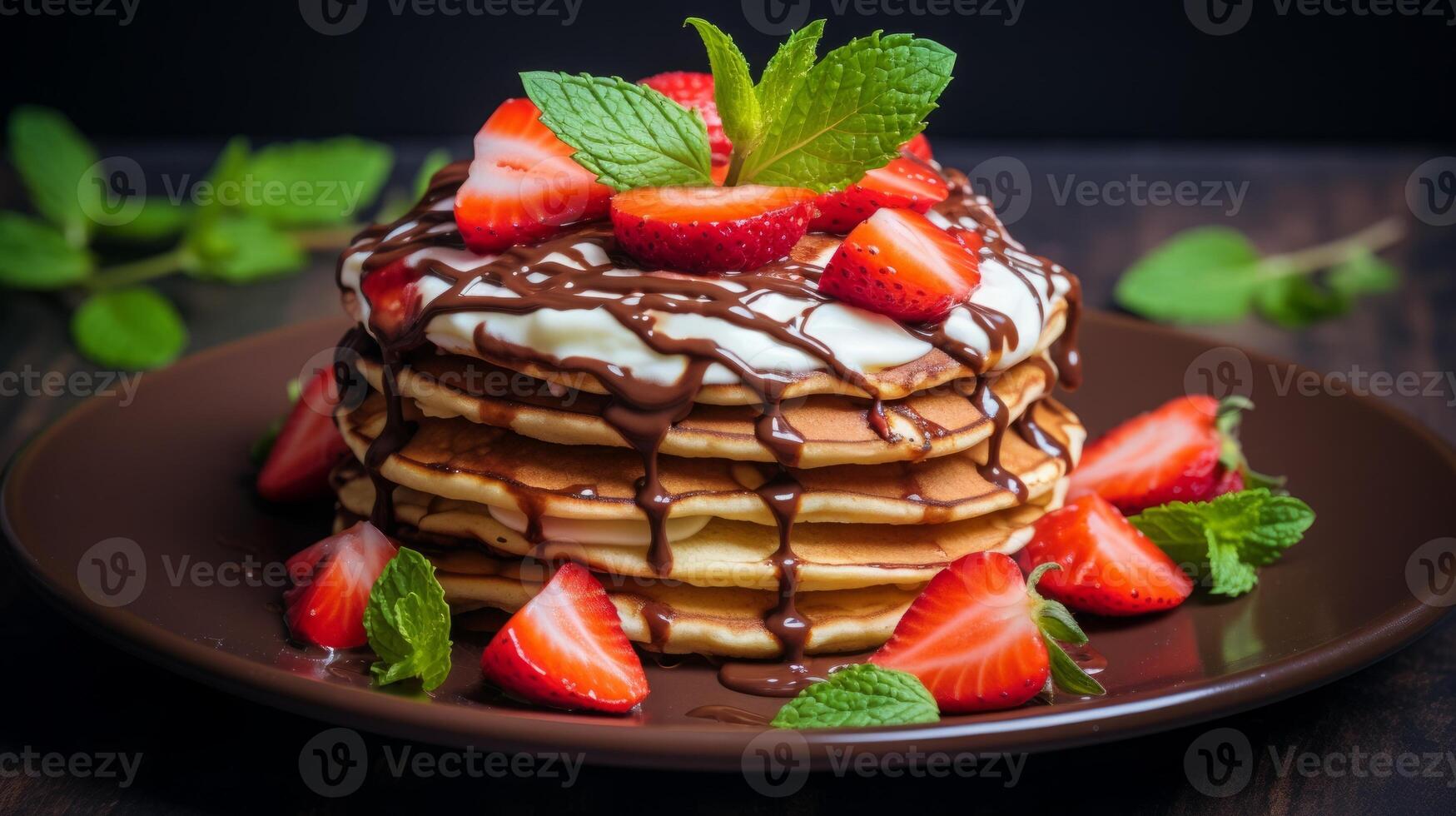 AI generated Delicious Pancake Stack Topped with Chocolate and Strawberries photo