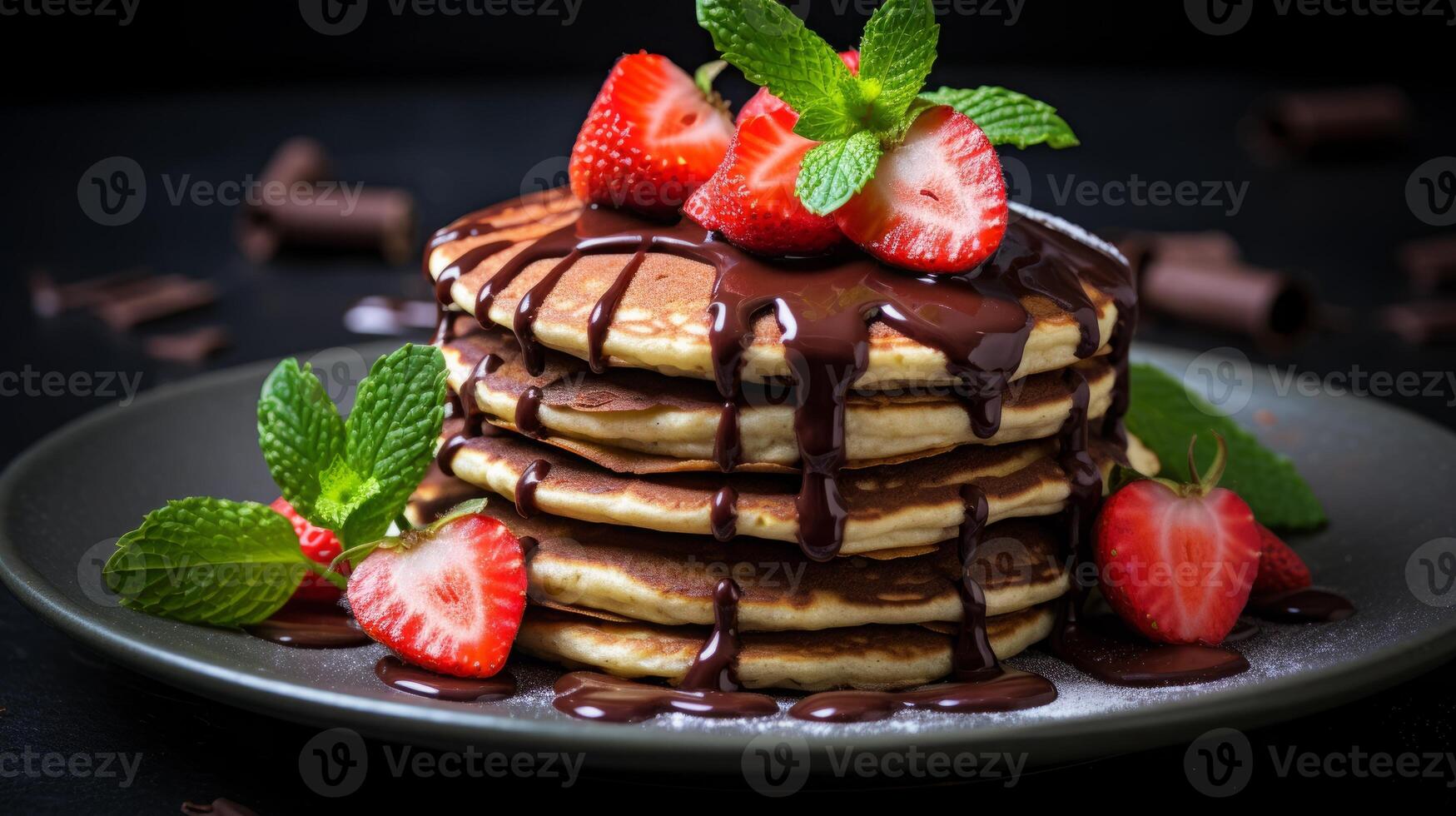AI generated Delicious Pancake Stack Topped with Chocolate and Strawberries photo