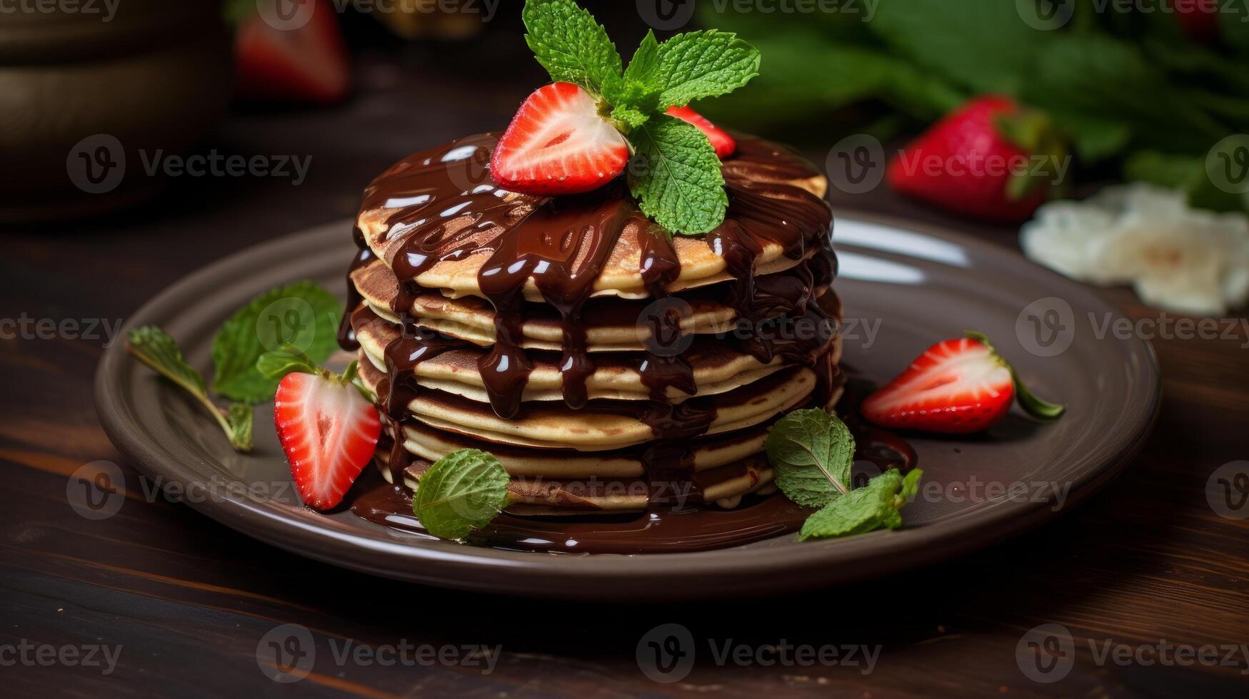 AI generated Delicious Pancake Stack Topped with Chocolate and Strawberries photo