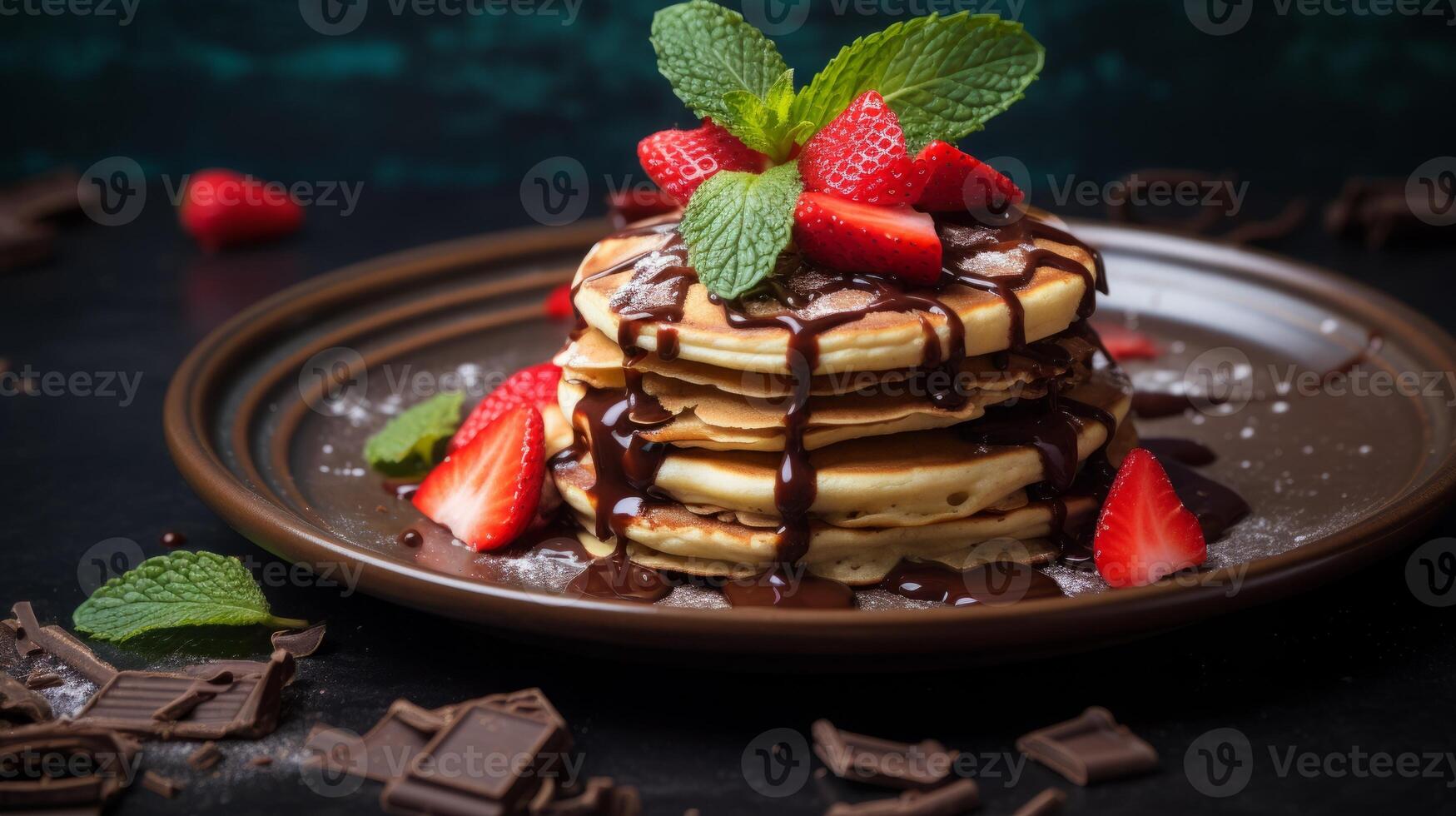 AI generated Delicious Pancake Stack Topped with Chocolate and Strawberries photo