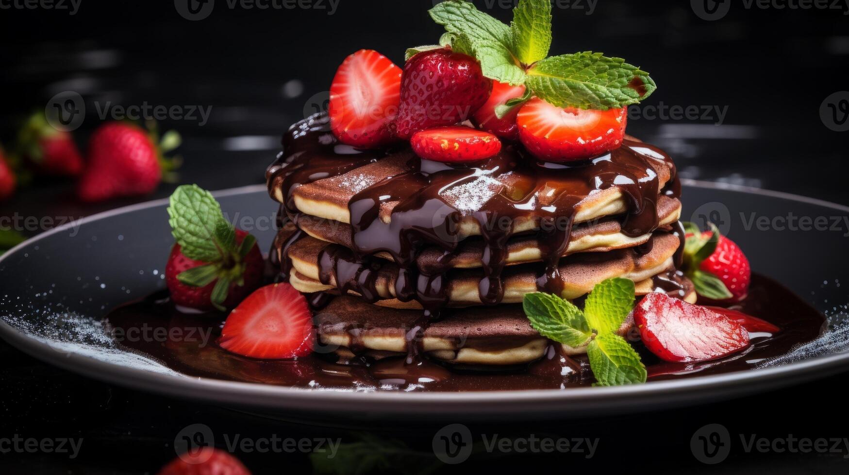 AI generated Delicious Pancake Stack Topped with Chocolate and Strawberries photo