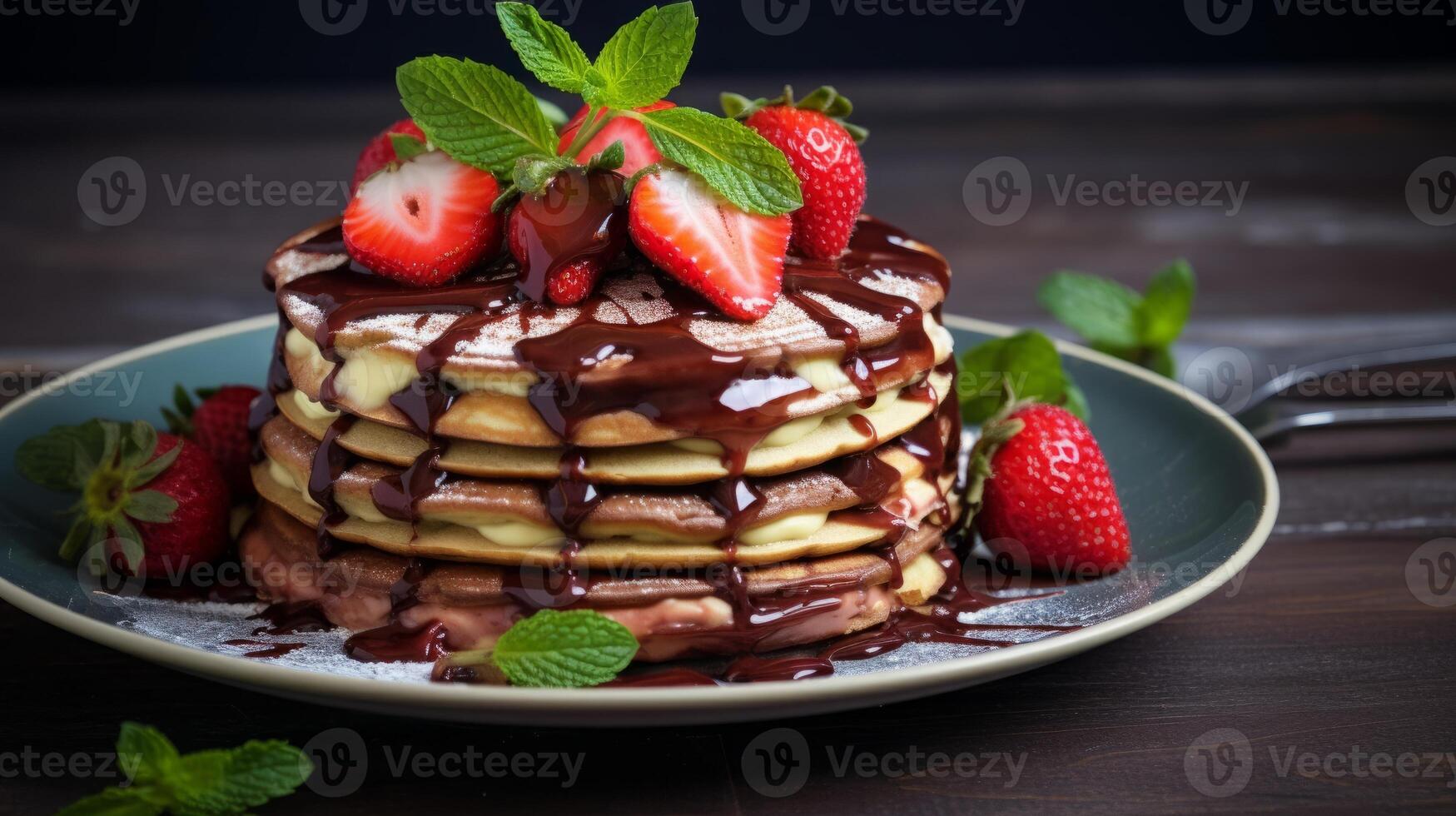 AI generated Delicious Pancake Stack Topped with Chocolate and Strawberries photo