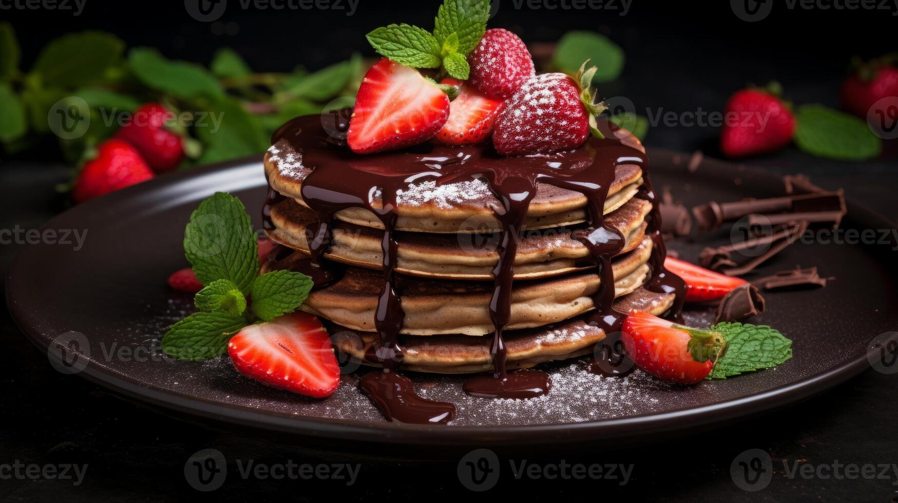 AI generated Delicious Pancake Stack Topped with Chocolate and Strawberries photo