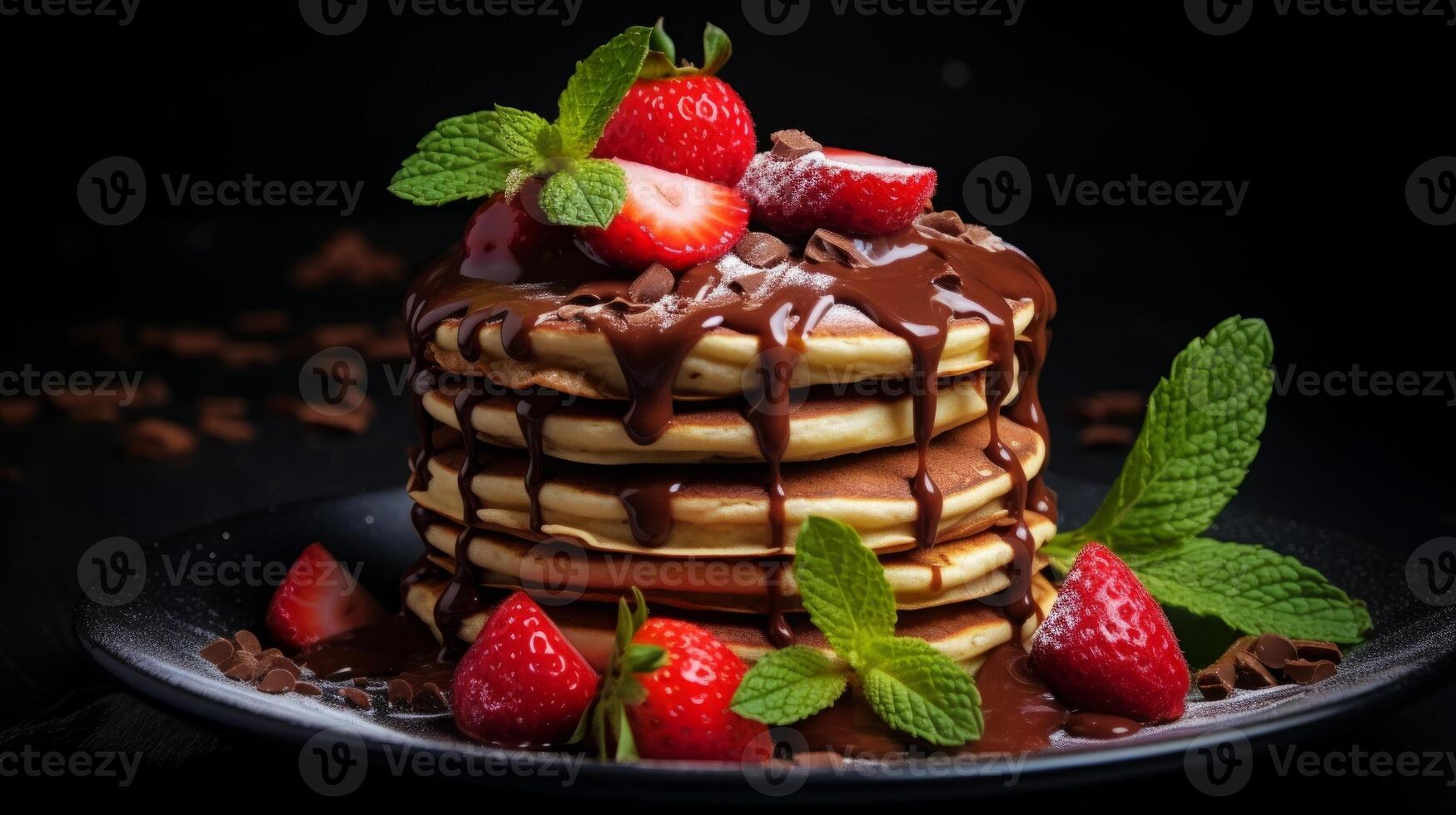 AI generated Delicious Pancake Stack Topped with Chocolate and Strawberries photo