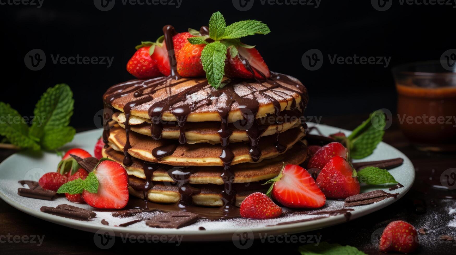 AI generated Delicious Pancake Stack Topped with Chocolate and Strawberries photo
