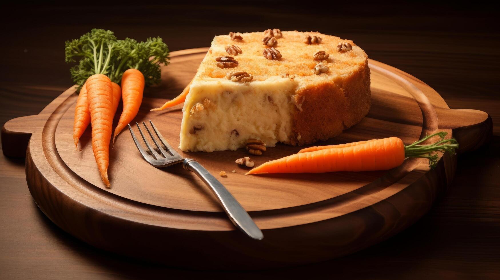 ai generado delicioso Zanahoria pastel rebanada en de madera mesa foto