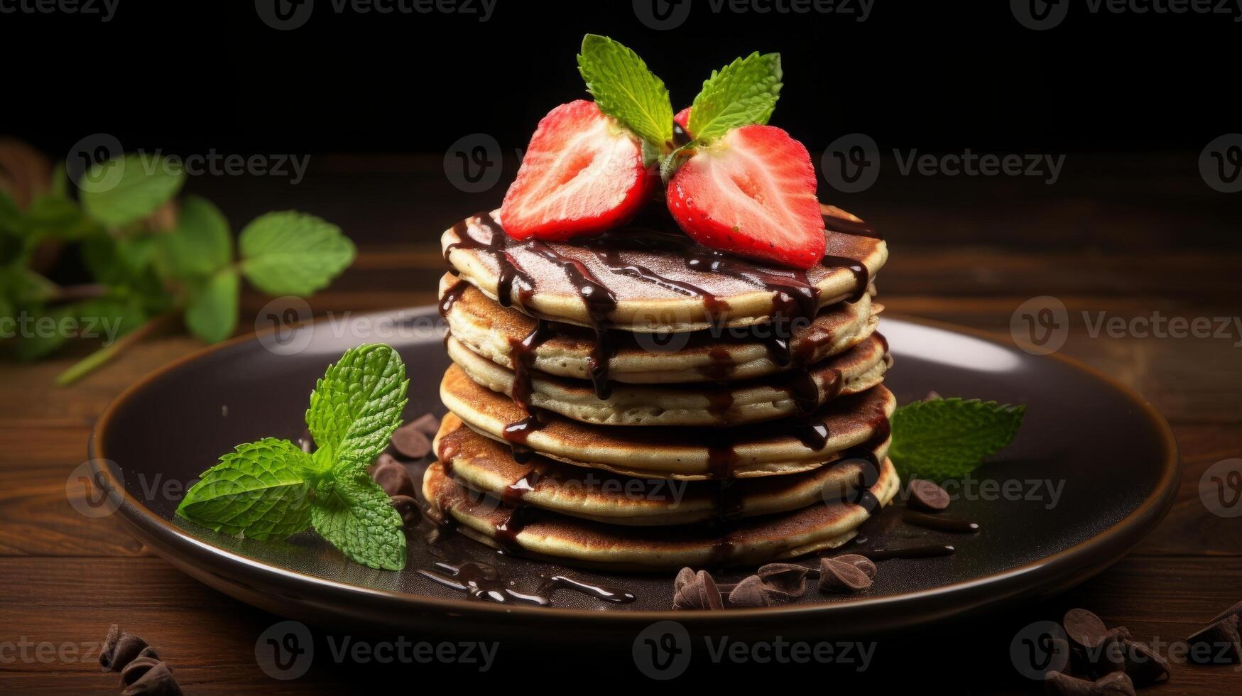 AI generated Delicious Pancake Stack Topped with Chocolate and Strawberries photo