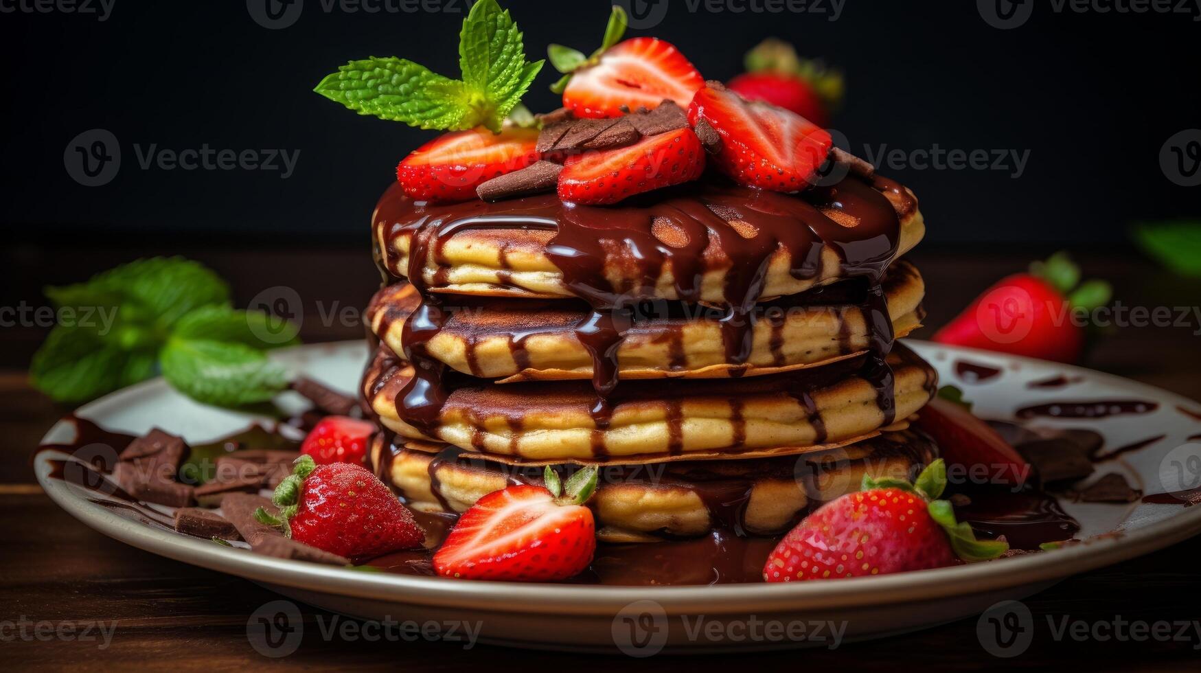 AI generated Delicious Pancake Stack Topped with Chocolate and Strawberries photo