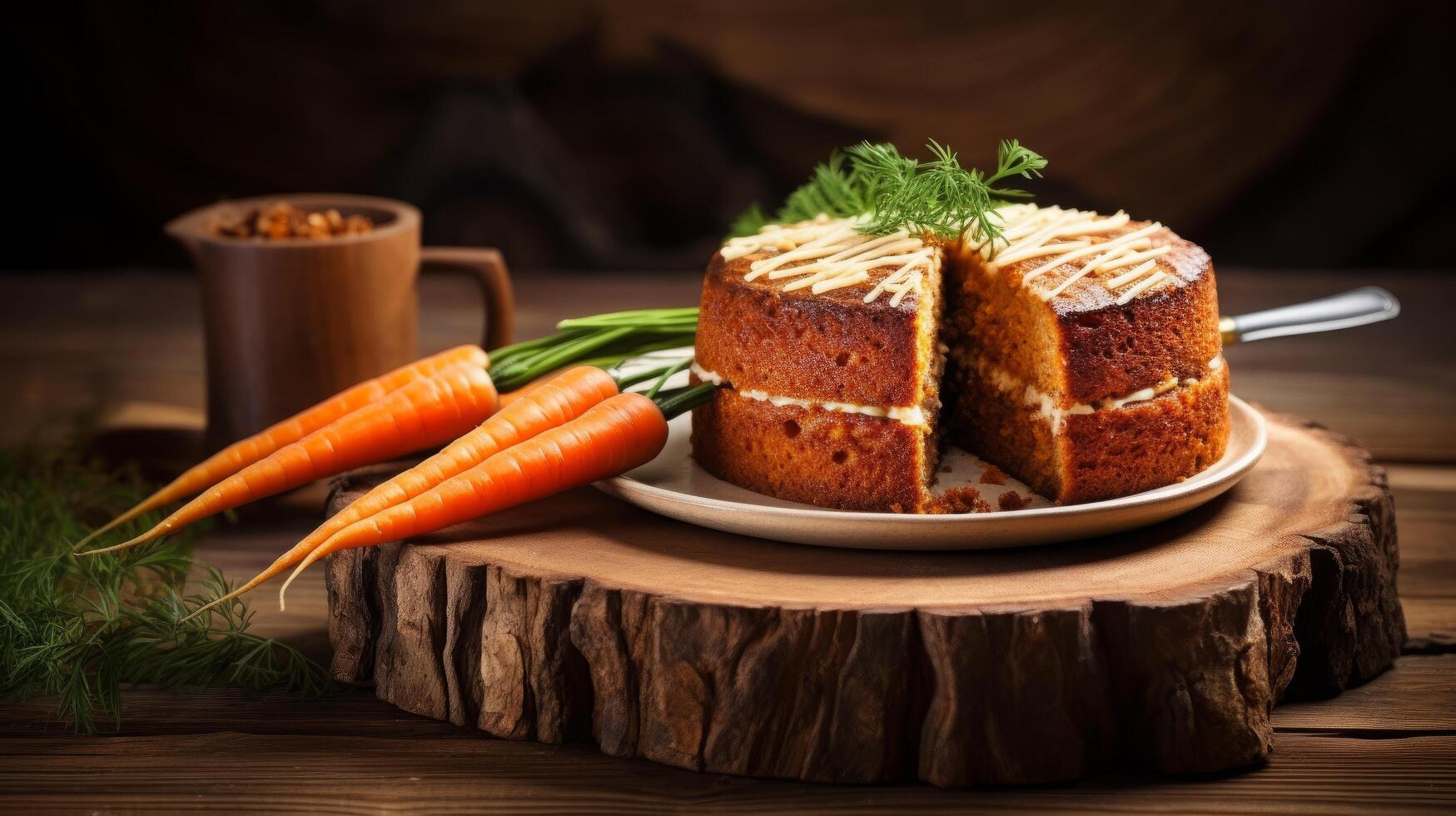 AI generated Delicious Carrot Cake Slice on Wooden Table photo
