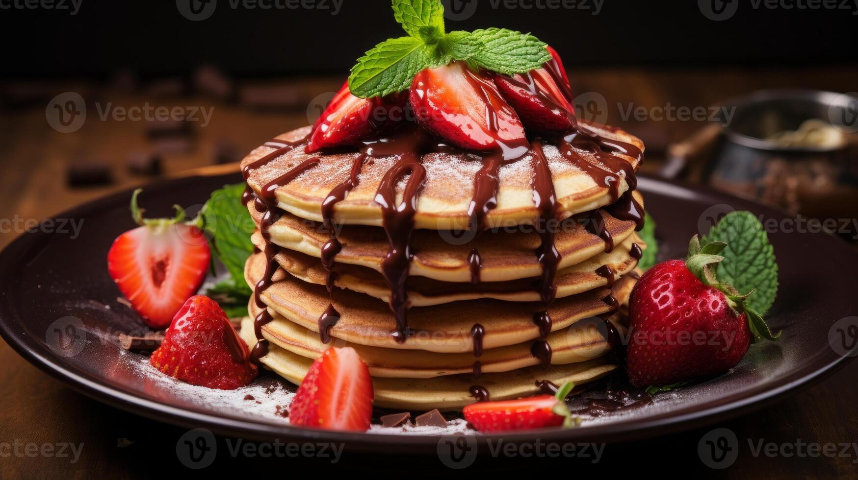 AI generated Delicious Pancake Stack Topped with Chocolate and Strawberries photo