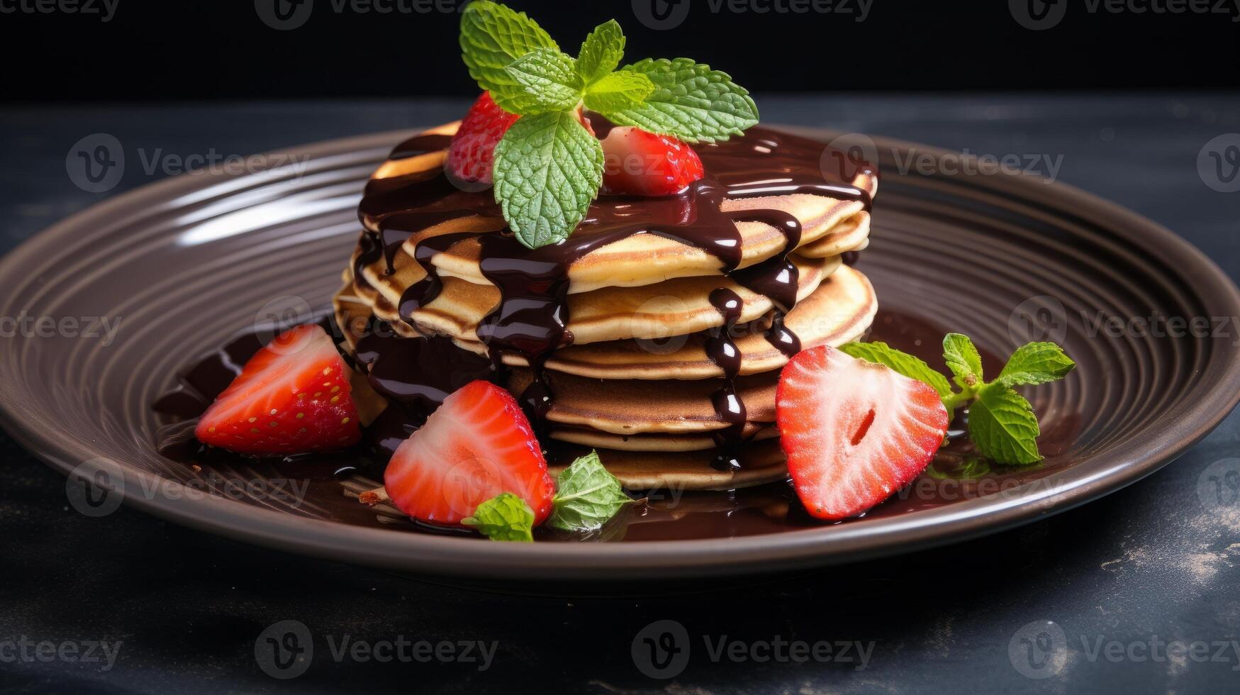 AI generated Delicious Pancake Stack Topped with Chocolate and Strawberries photo